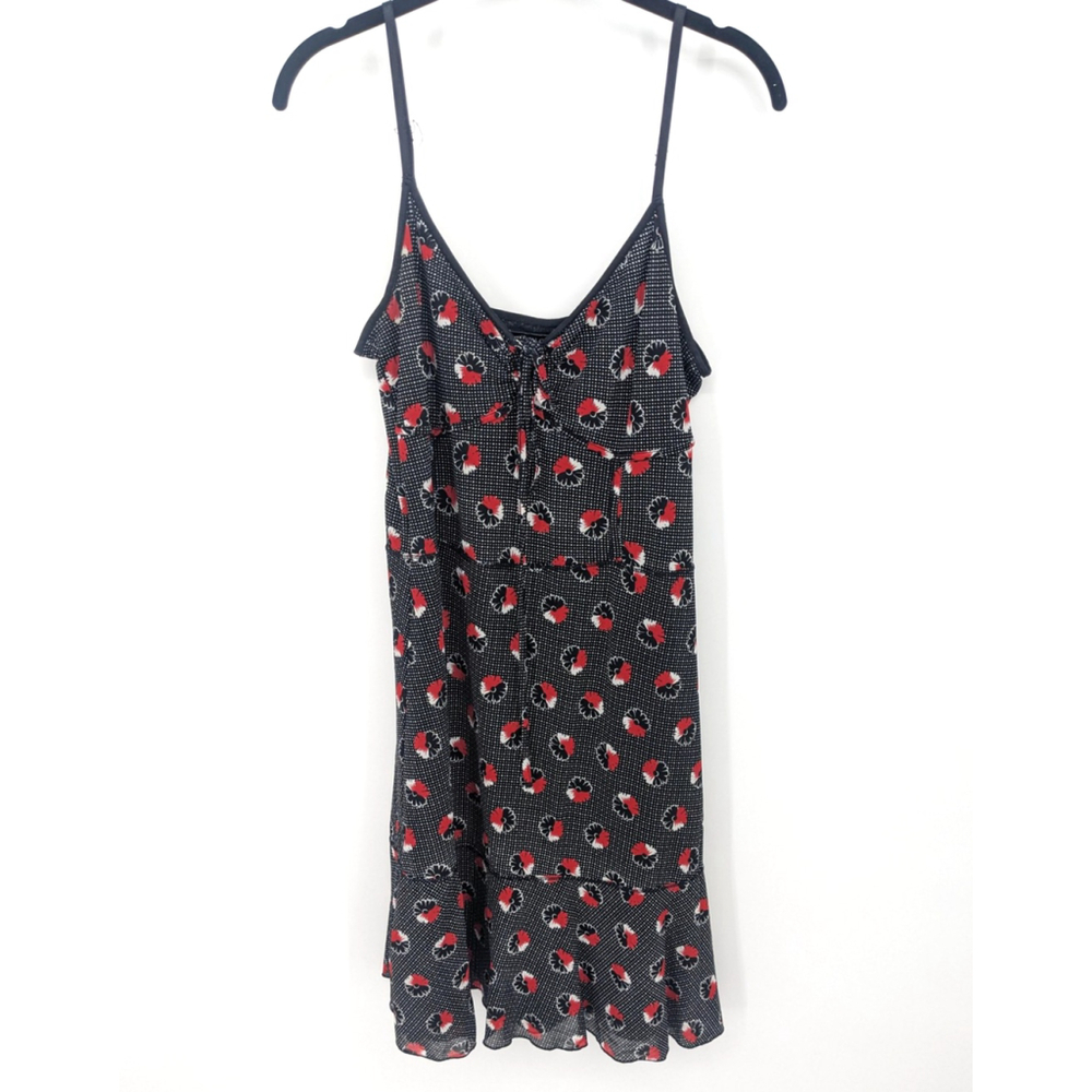 Y2K Slip Dress Womens Large Black Red Floral Spaghetti Strap Ruffle Hem Ideology
